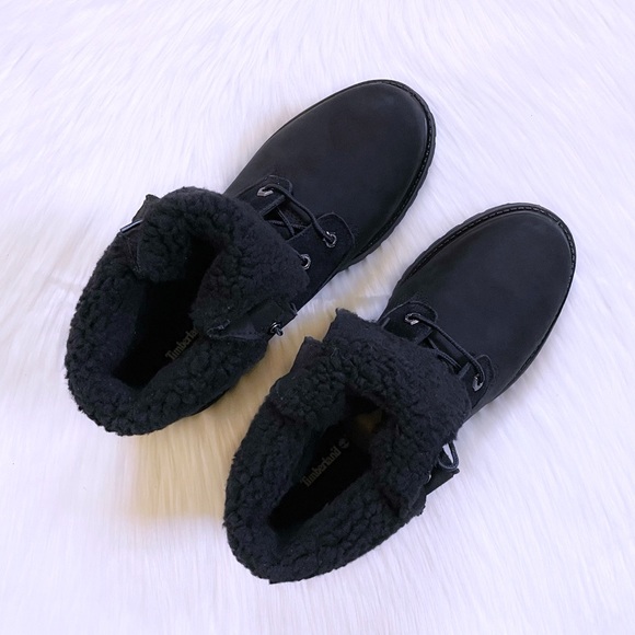 Timberland Women’s Authentics Teddy Fleece Waterproof Fold Down Black Boots - Picture 3 of 9